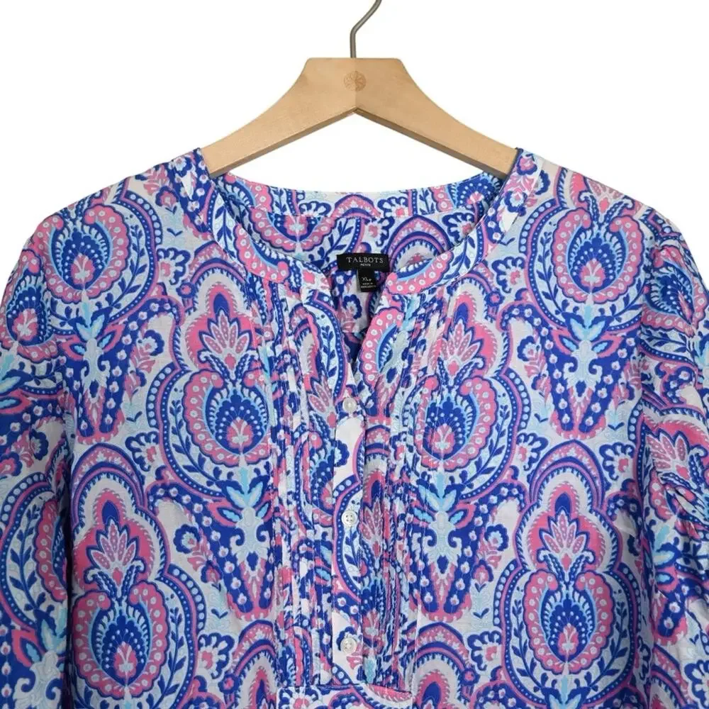 Talbots Women's XLP 3 Button Popover - Joyful Damask Top